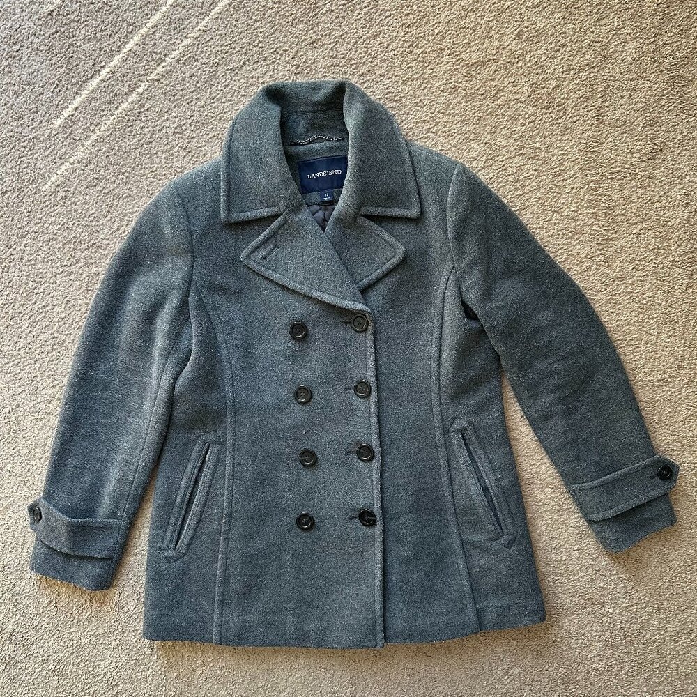 Lands End Pea Coat Womens 12 Wool Blend Grey Double Breast Buttons Pockets